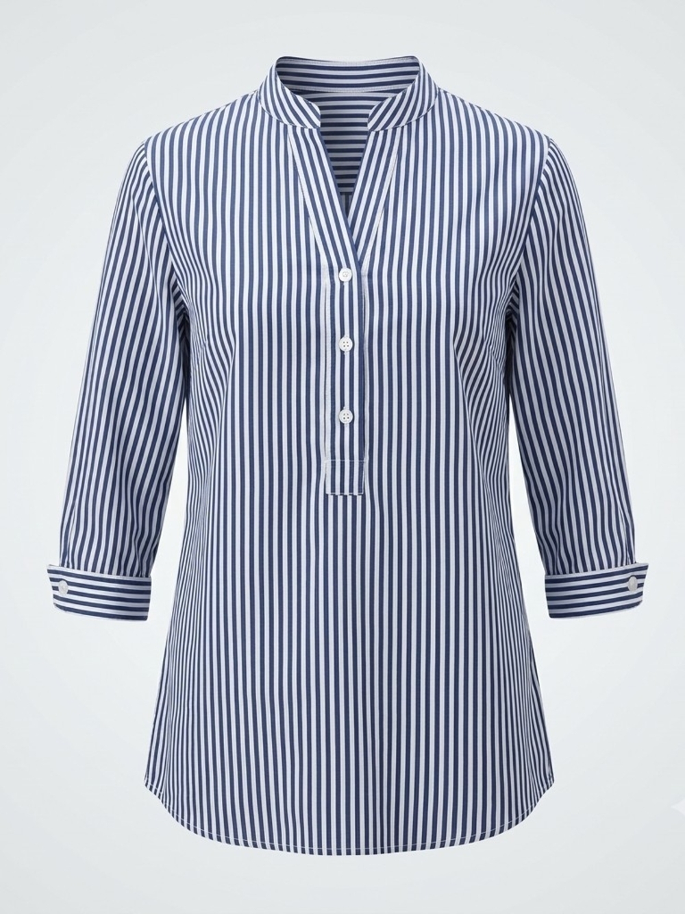 Harshman Striped Cotton Tunic Blouse | V-Neck Nautical Top XS Manadrin Collar